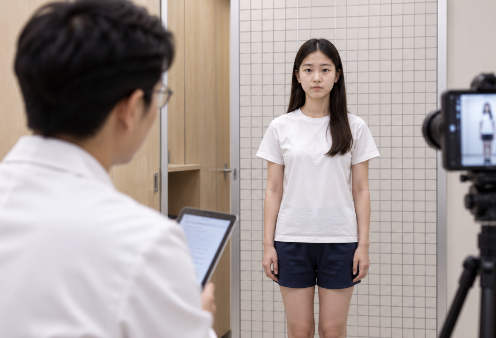 의사가 태블릿을 보며 어린 소녀를 촬영하는 장면. 소녀는 흰색 티셔츠와 짧은 바지를 입고 있으며, 정면을 바라보고 있다.