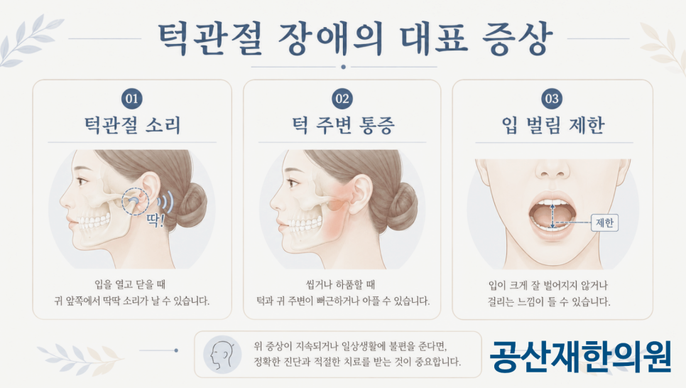 턱관절 장애의 대표 증상으로 턱관절 소리, 턱 주변 통증, 입 벌림 제한이 설명되어 있습니다. 입을 열 때 딱 소리가 나거나 턱과 귀 주변이 아프고, 입이 잘 벌어지지 않는 증상이 있을 수 있습니다. 공산재한의원 로고가 보입니다.