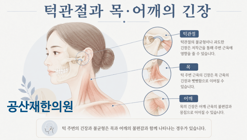 턱관절 장애가 목과 어깨 근육의 긴장과 불편감으로 이어질 수 있음을 설명하는 이미지입니다. 턱관절, 목, 어깨의 관계를 그림과 함께 설명하고 있습니다.