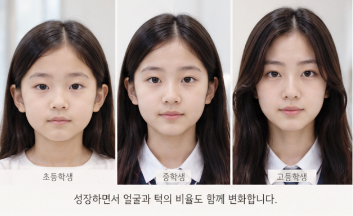 초등학생, 중학생, 고등학생의 얼굴 사진이 나란히 배치되어 있으며, 성장하면서 얼굴과 턱의 비율이 변화하는 것을 보여줍니다.
