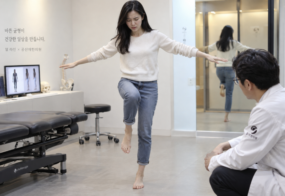 여성이 한 발로 균형을 잡고 서 있으며, 의사가 이를 관찰하고 있다. 배경에는 인체 모형과 컴퓨터 화면이 보인다.