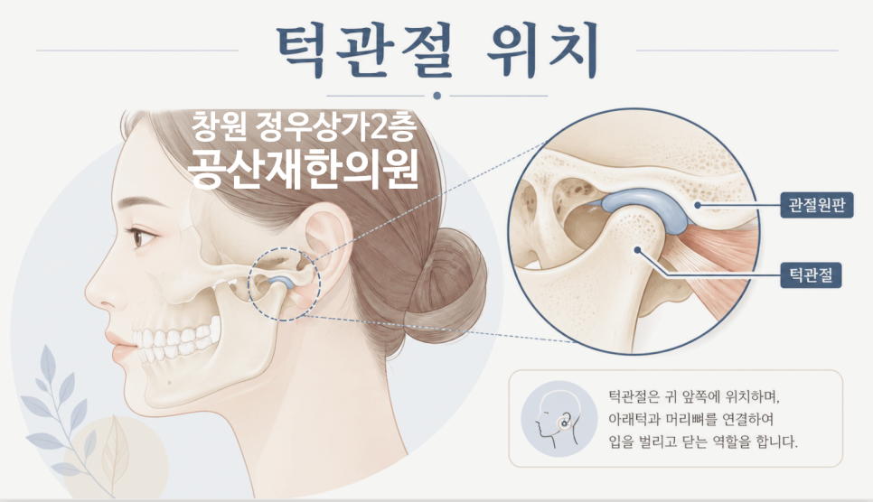 턱관절의 위치를 설명하는 그림으로, 귀 앞쪽에 위치한 턱관절과 관절원판을 보여준다. 설명문에는 턱관절이 아래턱과 머리뼈를 연결하여 입을 여닫는 역할을 한다고 적혀 있다.