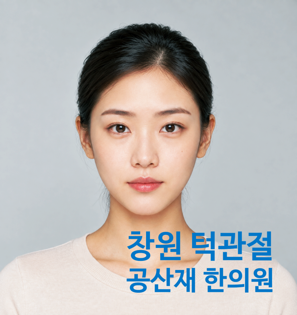 젊은 여성이 정면을 바라보고 있으며, 이미지 하단에 '창원 턱관절 공산재 한의원'이라는 문구가 파란색으로 적혀 있습니다.