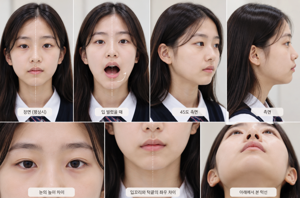 여학생의 얼굴을 다양한 각도에서 촬영한 사진들로, 정면, 입 벌렸을 때, 45도 측면, 측면, 눈의 높이 차이, 입꼬리와 턱 끝의 좌우 차이, 아래에서 본 턱선을 보여줍니다.