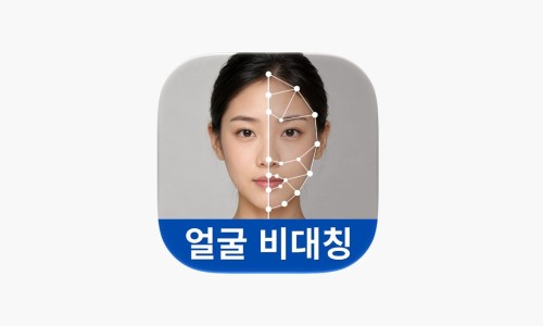 얼굴 비대칭 확인 앱 아이콘, 한 여성의 얼굴에 점과 선으로 비대칭을 나타내는 그래픽이 포함되어 있음.
