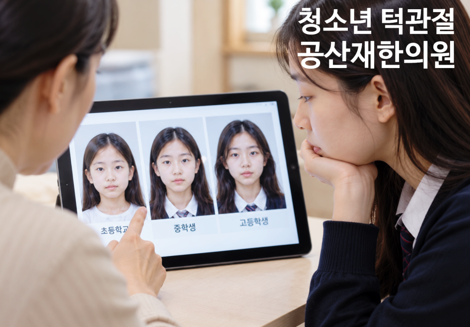 한 여성이 태블릿 화면에 표시된 초등학생, 중학생, 고등학생 시기의 얼굴 사진을 보며 설명하고 있다. 화면에는 '청소년 턱관절 공산재한의원'이라는 글자가 있다.