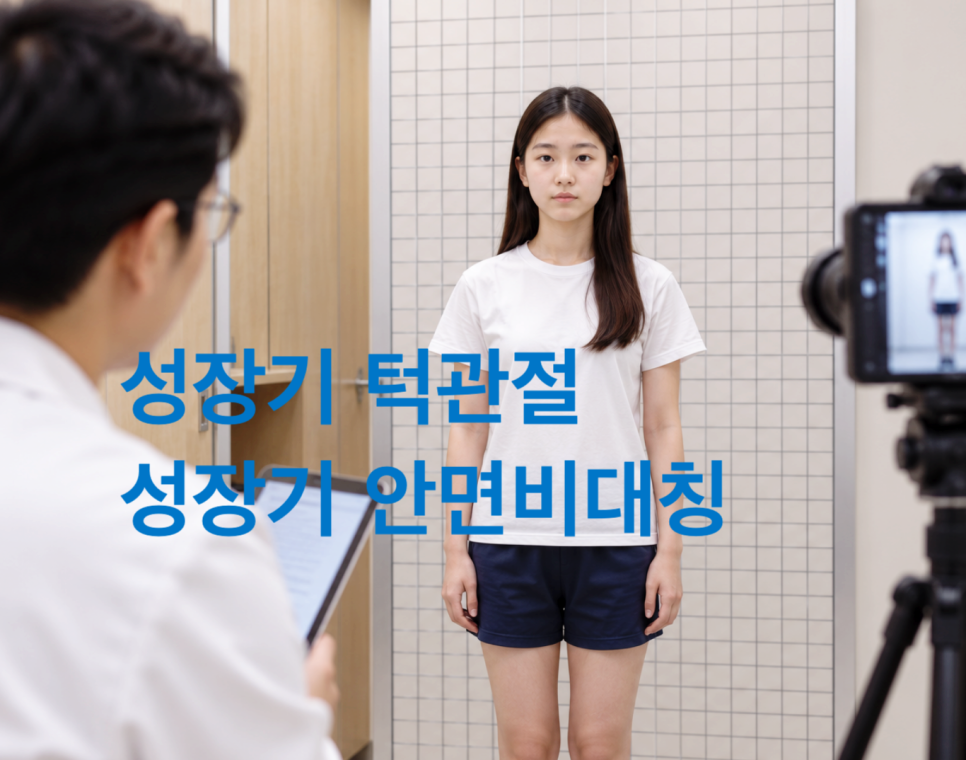 의사가 소녀를 관찰하며 태블릿을 사용하고 있고, 소녀는 카메라 앞에 서 있다. 화면에 '성장기 턱관절 성장기 안면비대칭'이라는 문구가 적혀 있다.